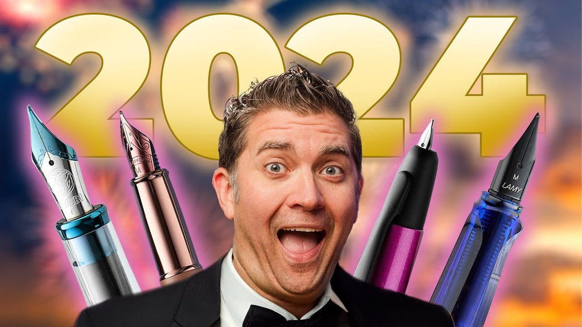 Brian Goulet in a tux with fountain pens in the background and the year 2024 in large text