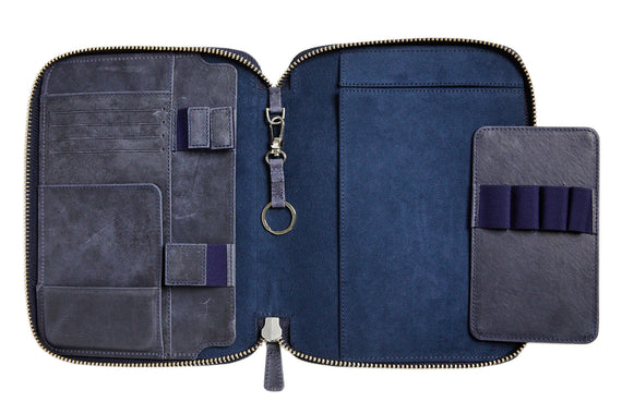 Galen Leather Zippered A5 Notebook Folio - Crazy Horse Navy Blue