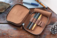 Galen Leather Zippered 10 Slot Pen Case - Brown